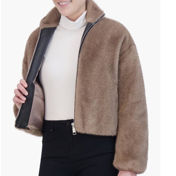 NWT Rebecca Minkoff Faux Fur Crop Jacket size large taupe color - Picture 5 of 7